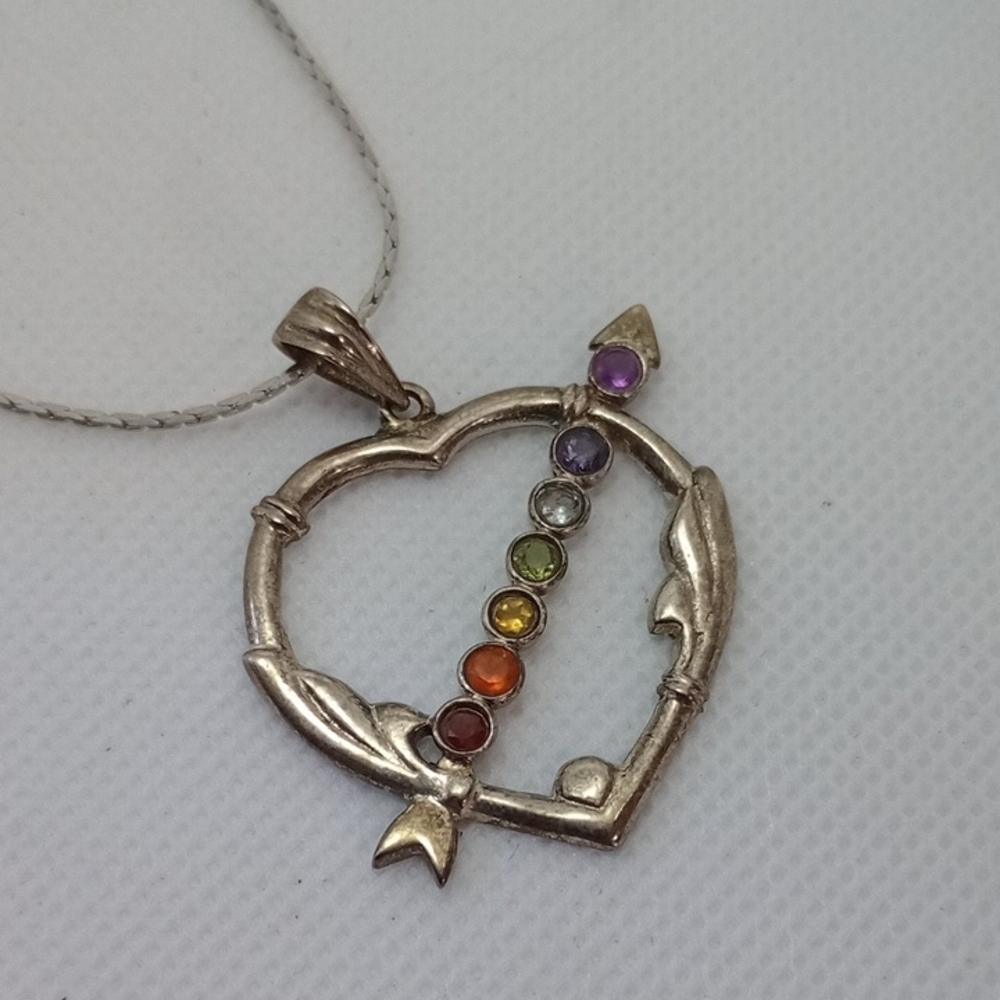 Silver Heart Pendant Necklace with Multicolor Natural Stones Gift Chakra Hippie